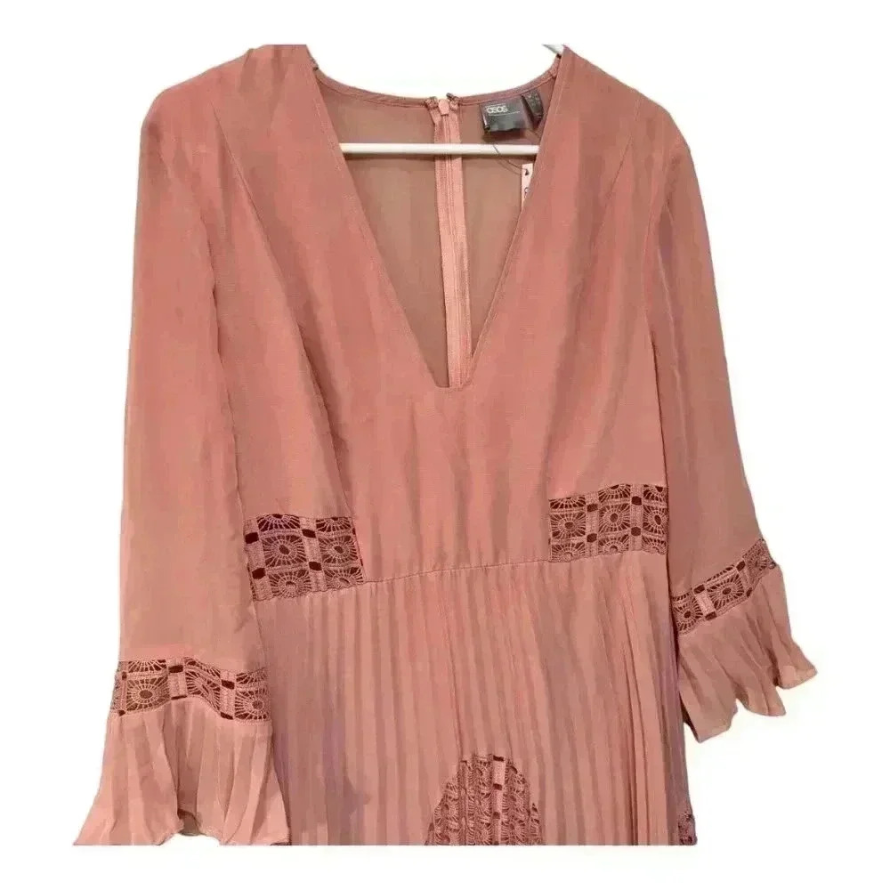 ASOS NWT Rose Pink Lace, Ruffle, Pleating Details Long Sleeve Midi Dress - Picture 3 of 15